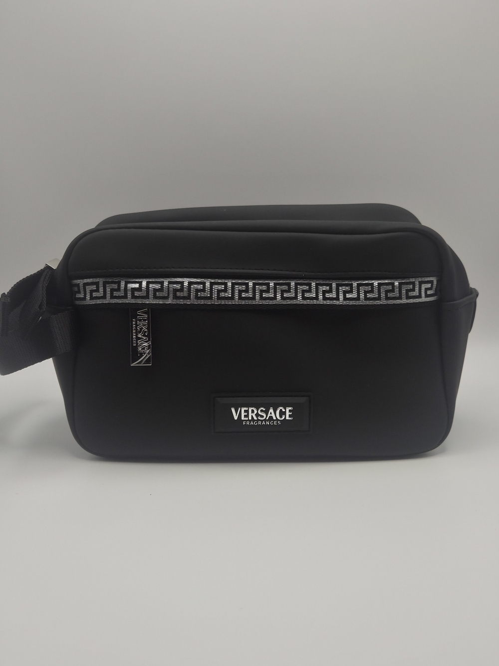 Versace Black Men's Toiletry Dopp Kit with Greek Key Trim